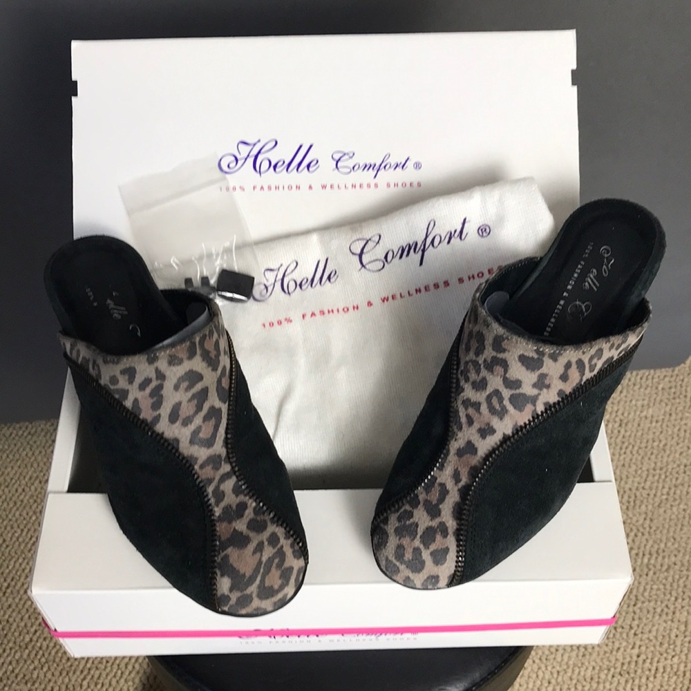Helle Comfort mule. EU size 37 leopard black brown US 7 or 8